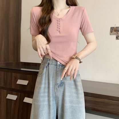 Short-Sleeve Henley Plain T-Shirt