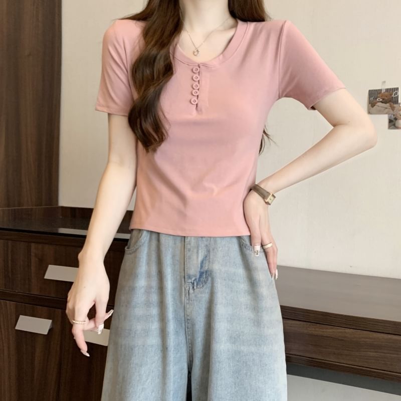 Short-Sleeve Henley Plain T-Shirt