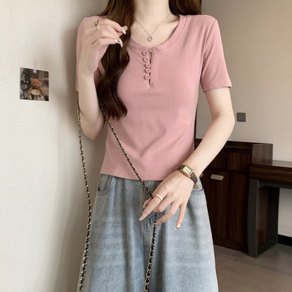 Short-Sleeve Henley Plain T-Shirt