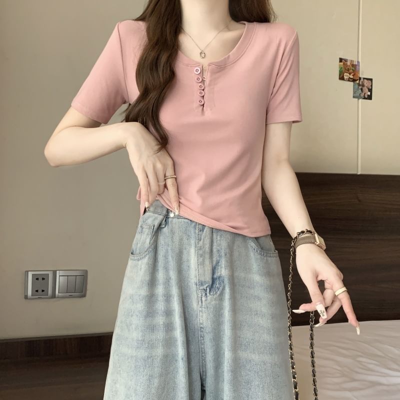 Short-Sleeve Henley Plain T-Shirt