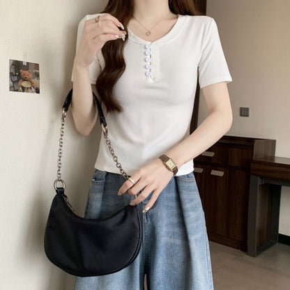 Short-Sleeve Henley Plain T-Shirt