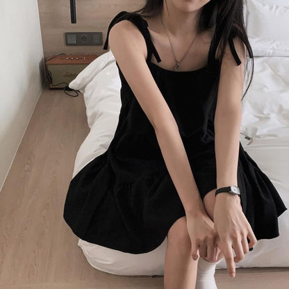 Tie Shoulder Simple Tiered Mini A-Line Dress