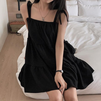 Tie Shoulder Simple Tiered Mini A-Line Dress
