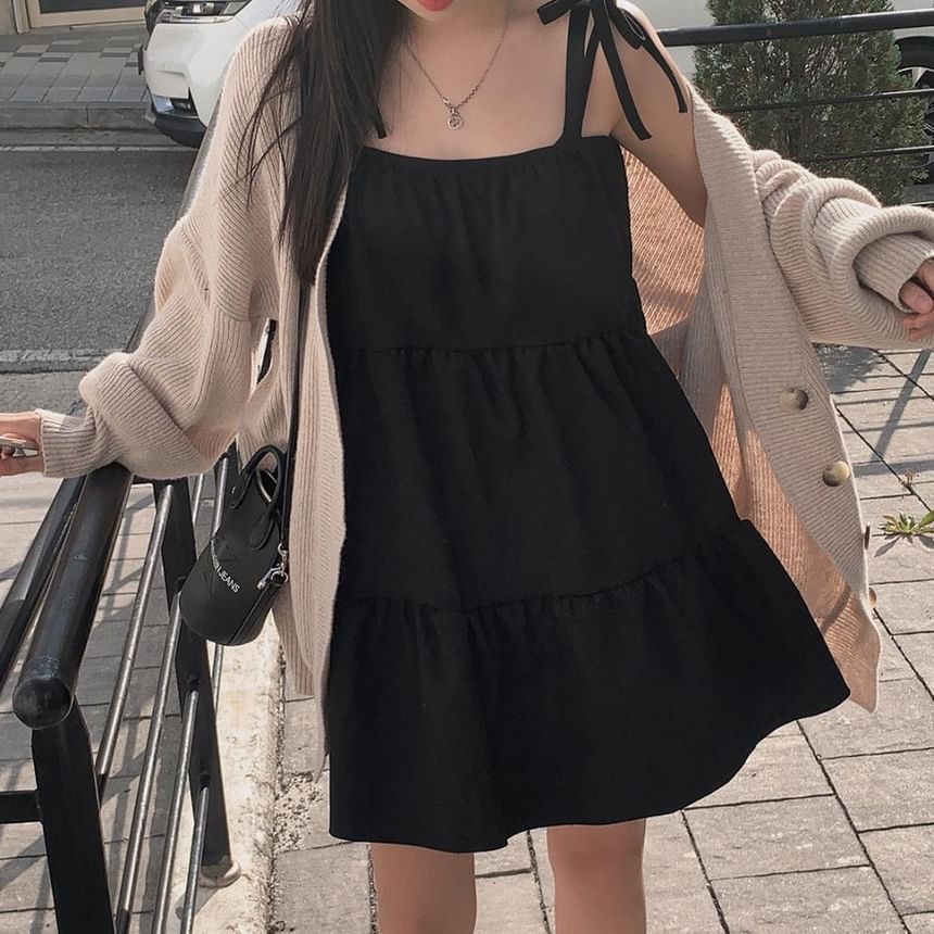Tie Shoulder Simple Tiered Mini A-Line Dress