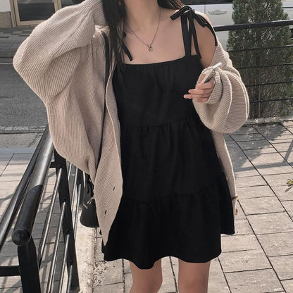 Tie Shoulder Simple Tiered Mini A-Line Dress