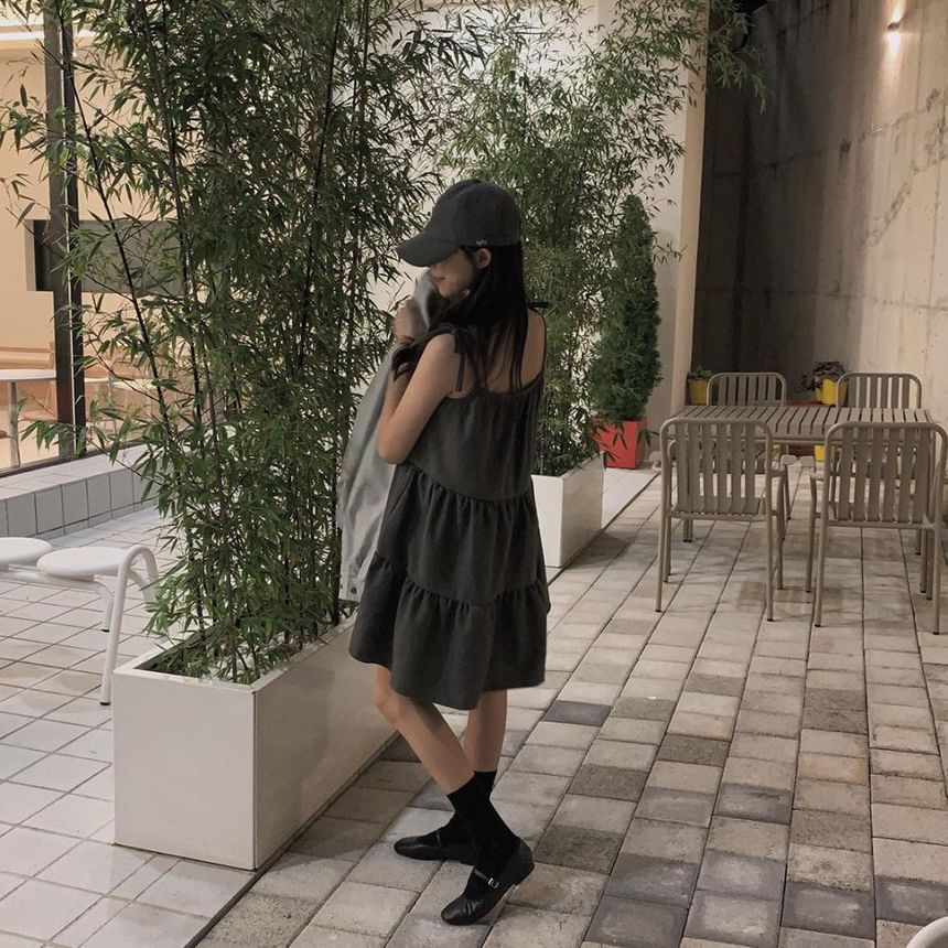 Tie Shoulder Simple Tiered Mini A-Line Dress