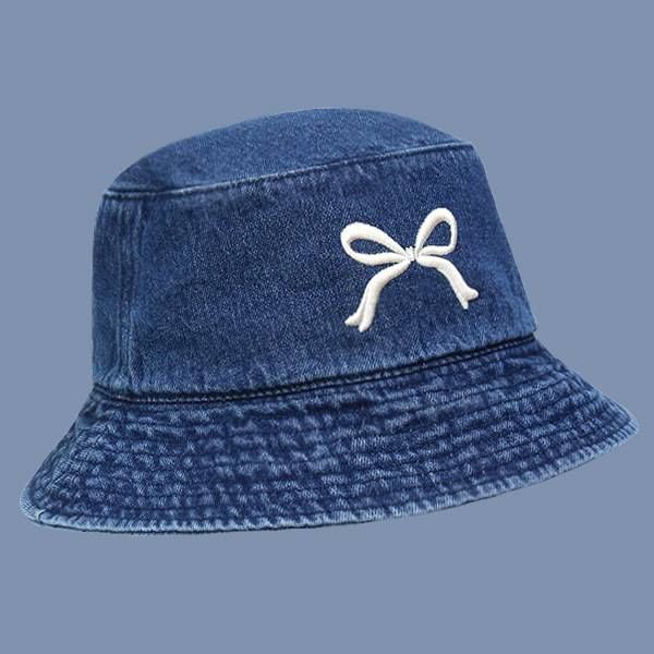 Bow Embroidered Denim Bucket Hat