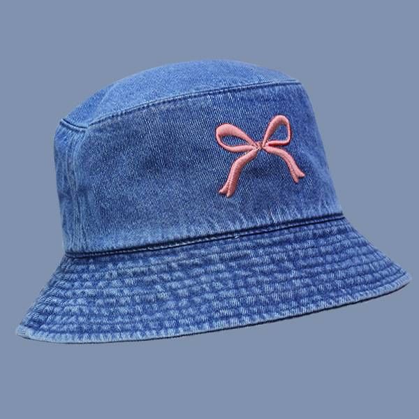 Bow Embroidered Denim Bucket Hat