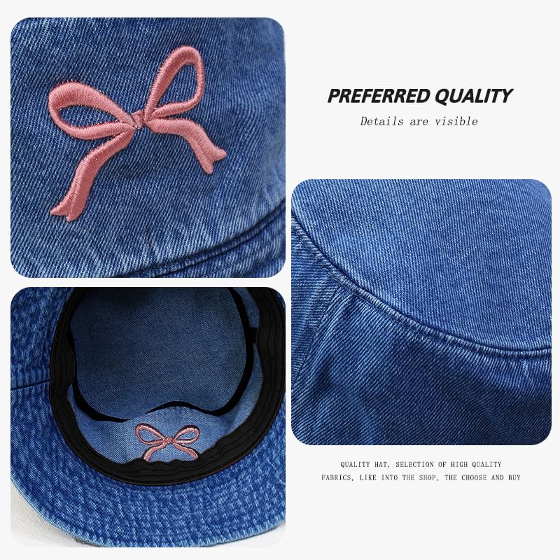 Bow Embroidered Denim Bucket Hat