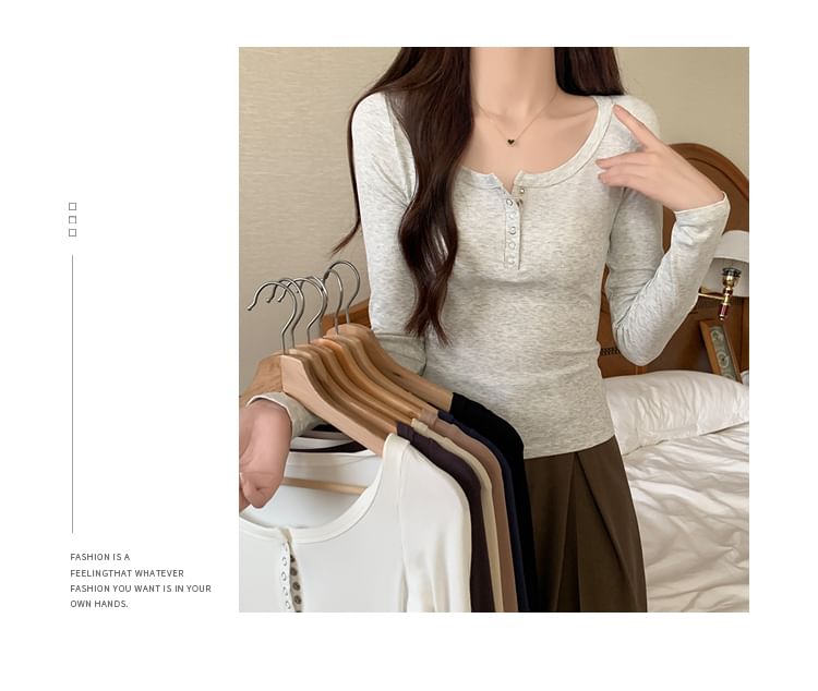 Long-Sleeve Henley Ribbed Crop Slim Fit T-Shirt