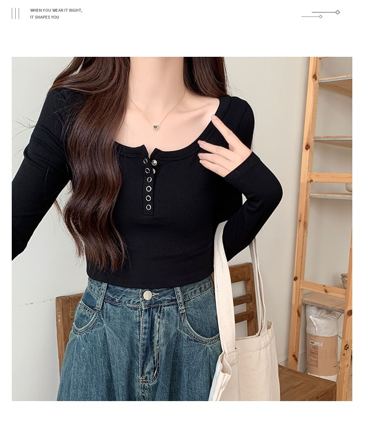 Long-Sleeve Henley Ribbed Crop Slim Fit T-Shirt