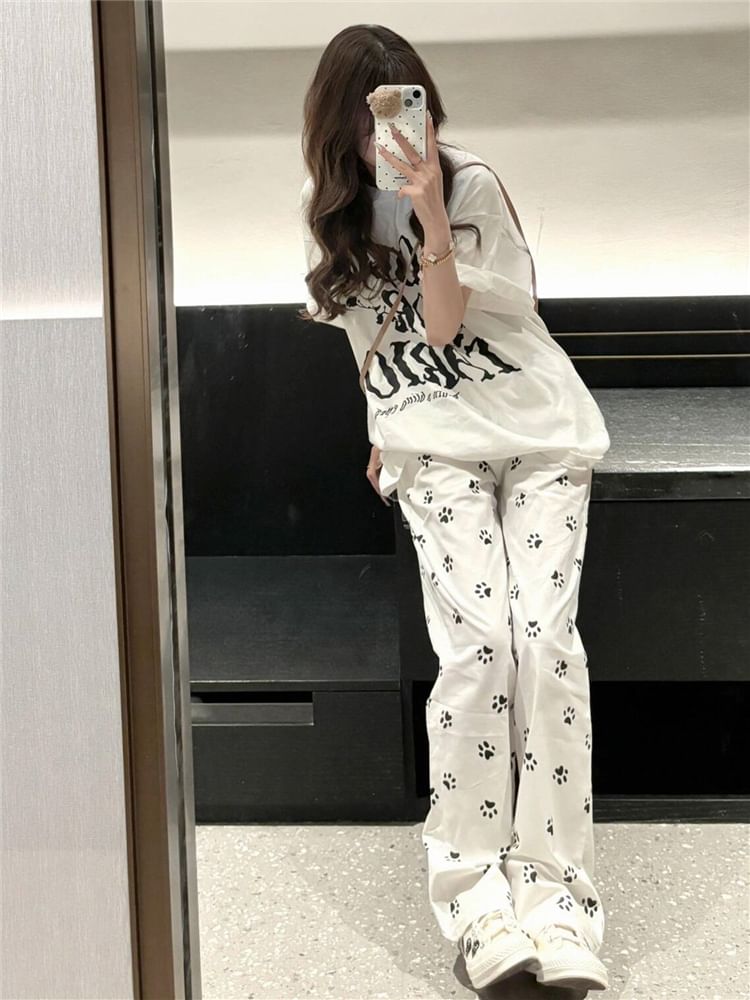 Elastic Waist Paw Print Loose Fit Pants