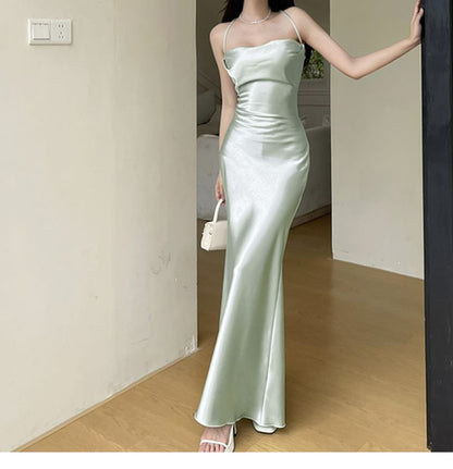 Thin Strap Simple Tie Back Satin Maxi Sheath Dress