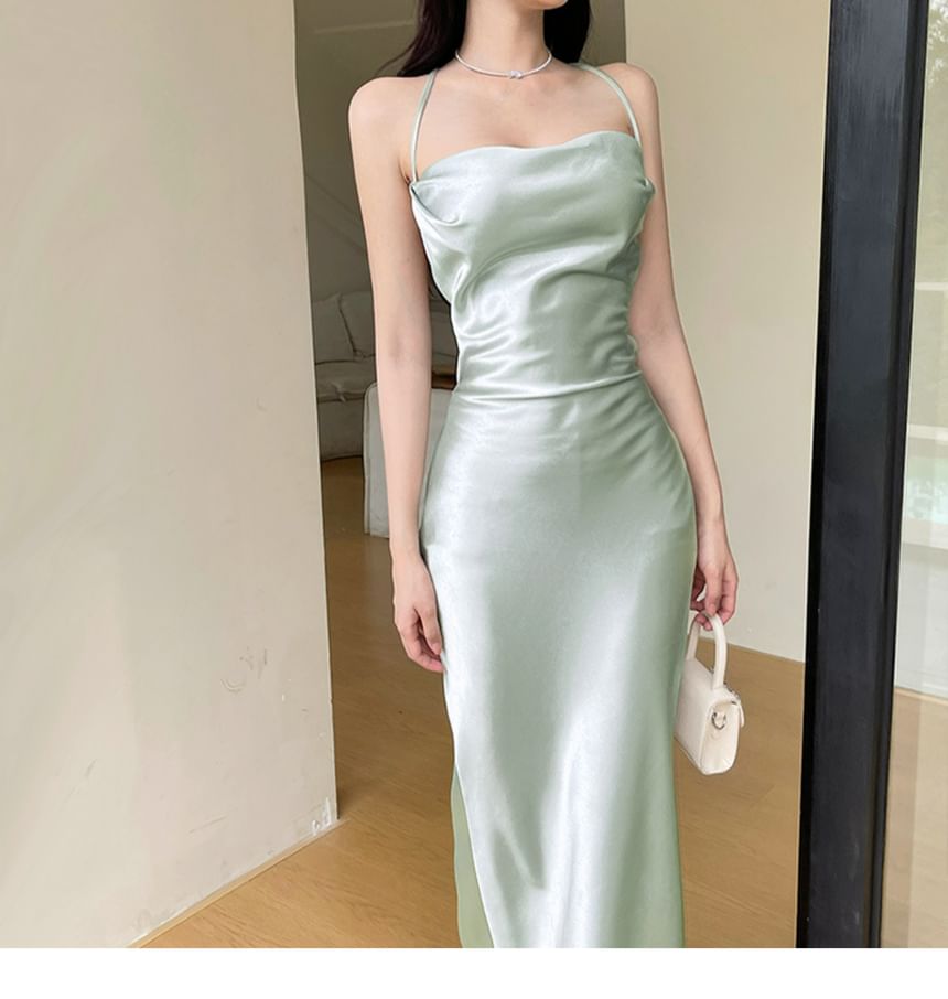 Thin Strap Simple Tie Back Satin Maxi Sheath Dress