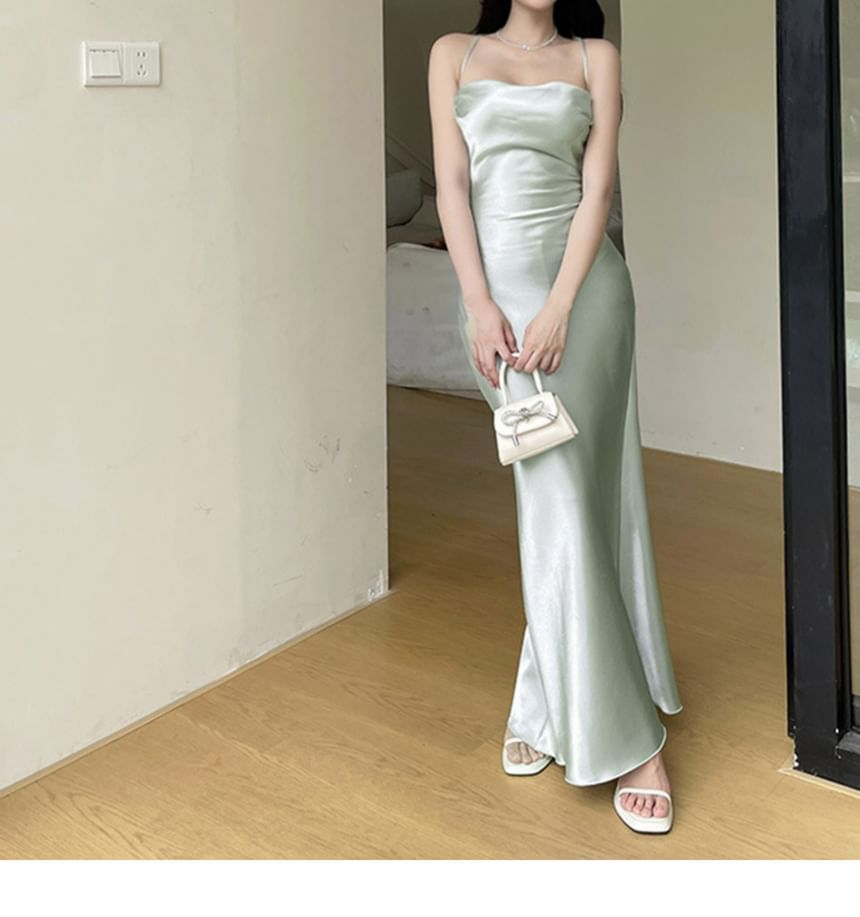 Thin Strap Simple Tie Back Satin Maxi Sheath Dress
