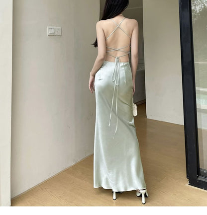 Thin Strap Simple Tie Back Satin Maxi Sheath Dress