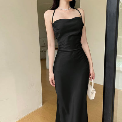 Thin Strap Simple Tie Back Satin Maxi Sheath Dress