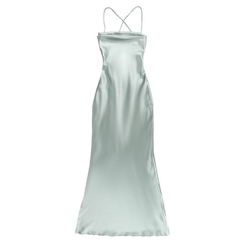 Thin Strap Simple Tie Back Satin Maxi Sheath Dress