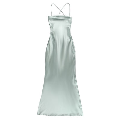 Thin Strap Simple Tie Back Satin Maxi Sheath Dress