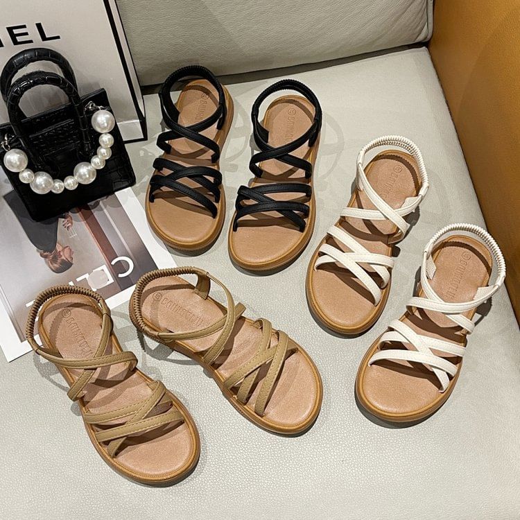 Platform Cross Strap Faux Leather Slingback Sandals