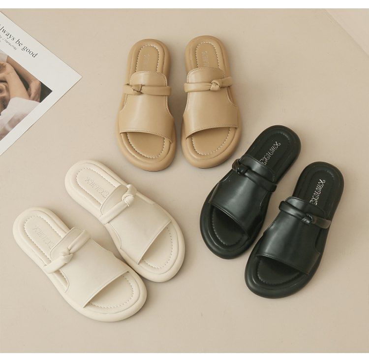 Platform Plain Knot Faux Leather Slide Sandals