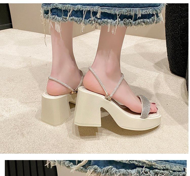 Chunky Heel Square Toe Rhinestone Strap Sandals