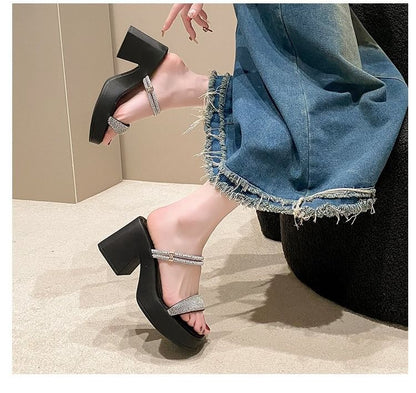 Chunky Heel Square Toe Rhinestone Strap Sandals