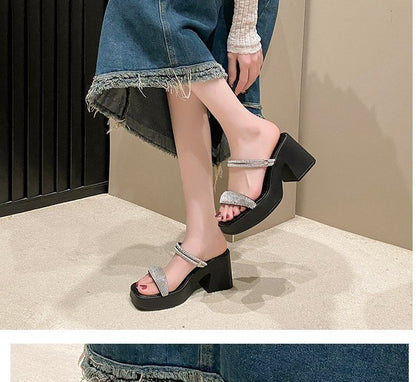 Chunky Heel Square Toe Rhinestone Strap Sandals