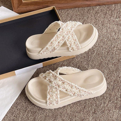 Platform Cross Strap Tweed Faux Pearl Accent Sandals