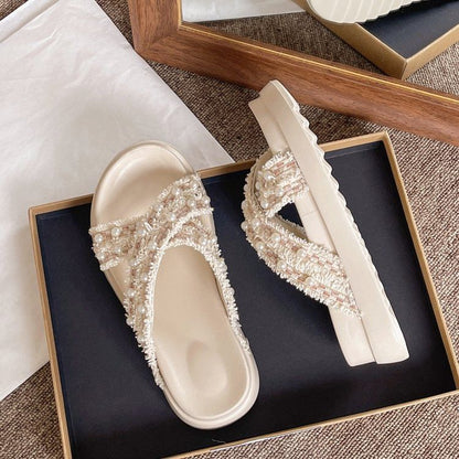 Platform Cross Strap Tweed Faux Pearl Accent Sandals