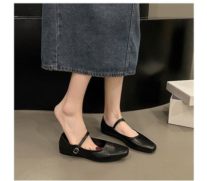 Plain Buckled Faux Leather Mary Jane Flats