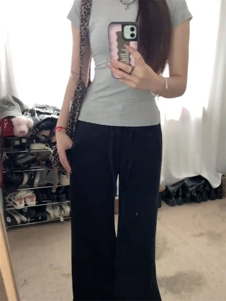 Mid Waist Plain Wide Leg Pants