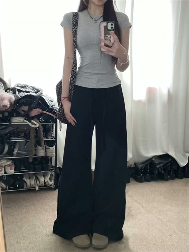 Mid Waist Plain Wide Leg Pants