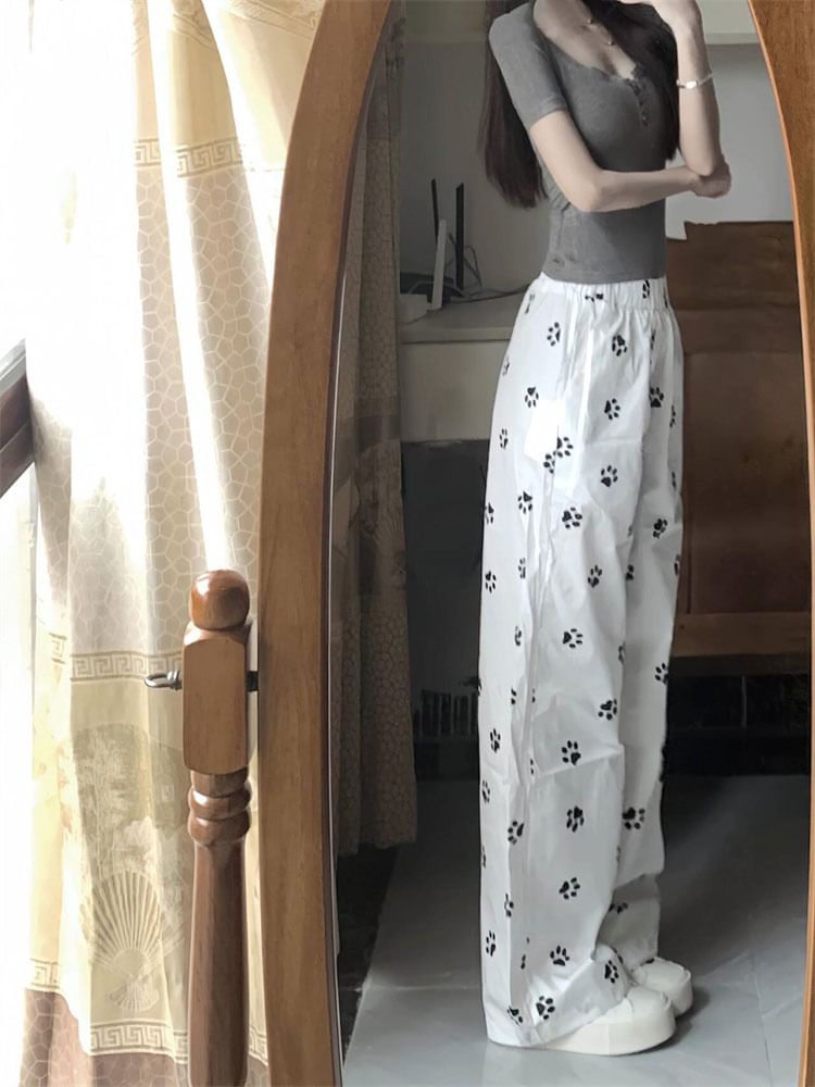 Mid Rise Paw Print Wide Leg Pants