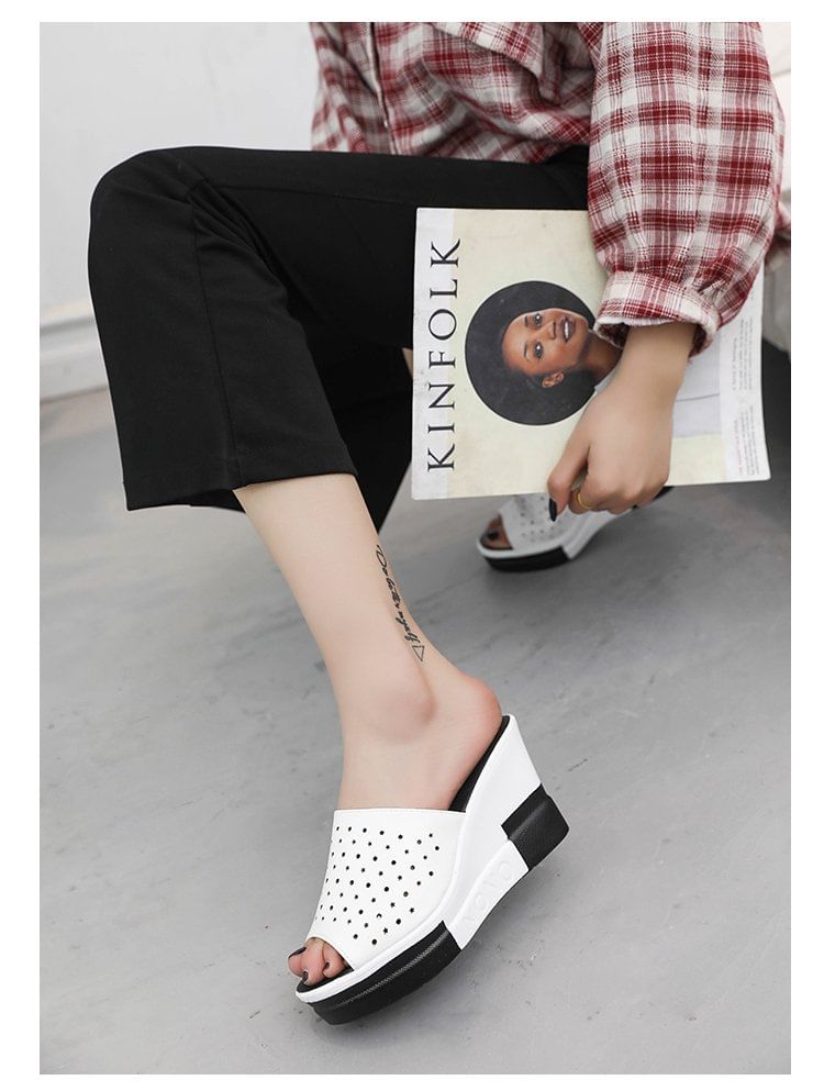 Plain Wedge Sandals Pointelle Slide