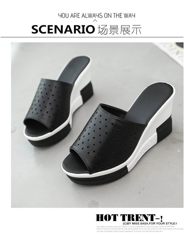 Plain Wedge Sandals Pointelle Slide