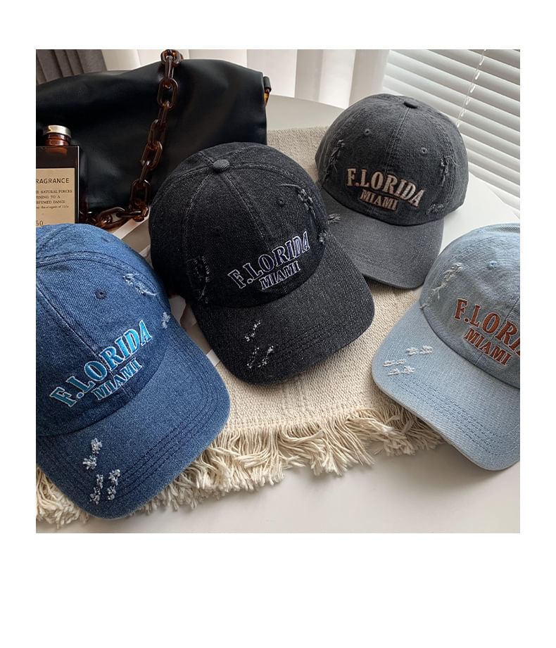 Lettering Embroidered Distressed Denim Baseball Cap