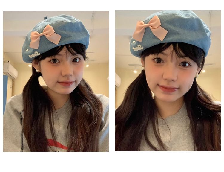 Ribbon Denim Beret Hat