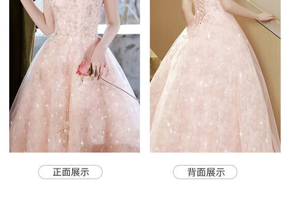 Spaghetti Strap Floral Print Glitter A-Line Evening Gown