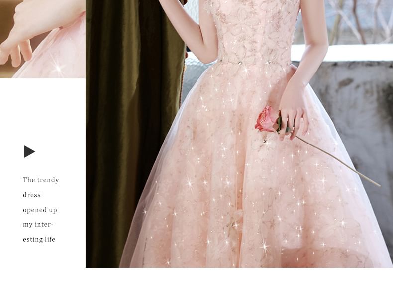 Spaghetti Strap Floral Print Glitter A-Line Evening Gown