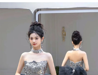 Choker-Neck Bow Back Sequined Bodycon Evening Gown