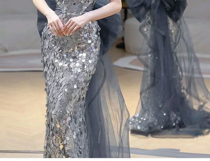 Choker-Neck Bow Back Sequined Bodycon Evening Gown