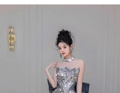 Choker-Neck Bow Back Sequined Bodycon Evening Gown