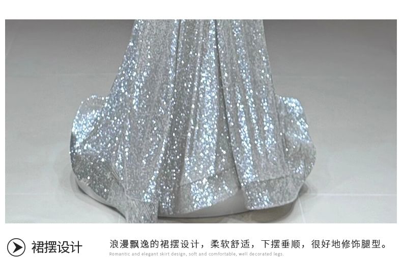 Halter-Neck Sequined Shirred A-Line Evening Gown / Fluffy Cape / Set