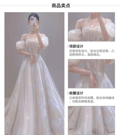 Cold-Shoulder Puff-Sleeve A-Line Lace Evening Gown