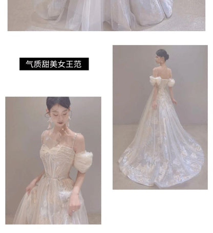 Cold-Shoulder Puff-Sleeve A-Line Lace Evening Gown