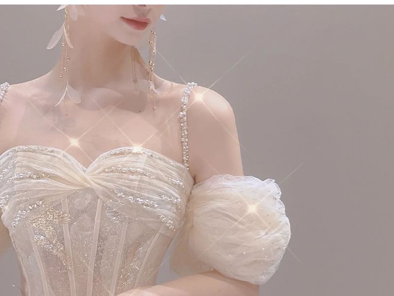 Cold-Shoulder Puff-Sleeve A-Line Lace Evening Gown