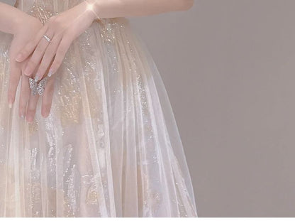 Cold-Shoulder Puff-Sleeve A-Line Lace Evening Gown