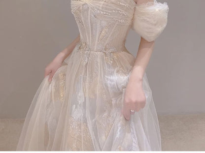 Cold-Shoulder Puff-Sleeve A-Line Lace Evening Gown