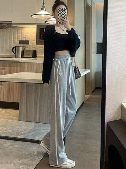 High Waist Heart Embroidered Striped Straight-Fit Wide-Leg Sweatpants